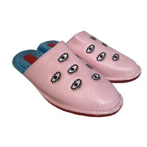 Min & Mon New York Leather Pink Eye Embroidered Slippers Blue Plush Lining 8